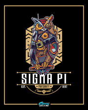 Colorful owl design with 'Sigma Pi' fraternity text on a black background