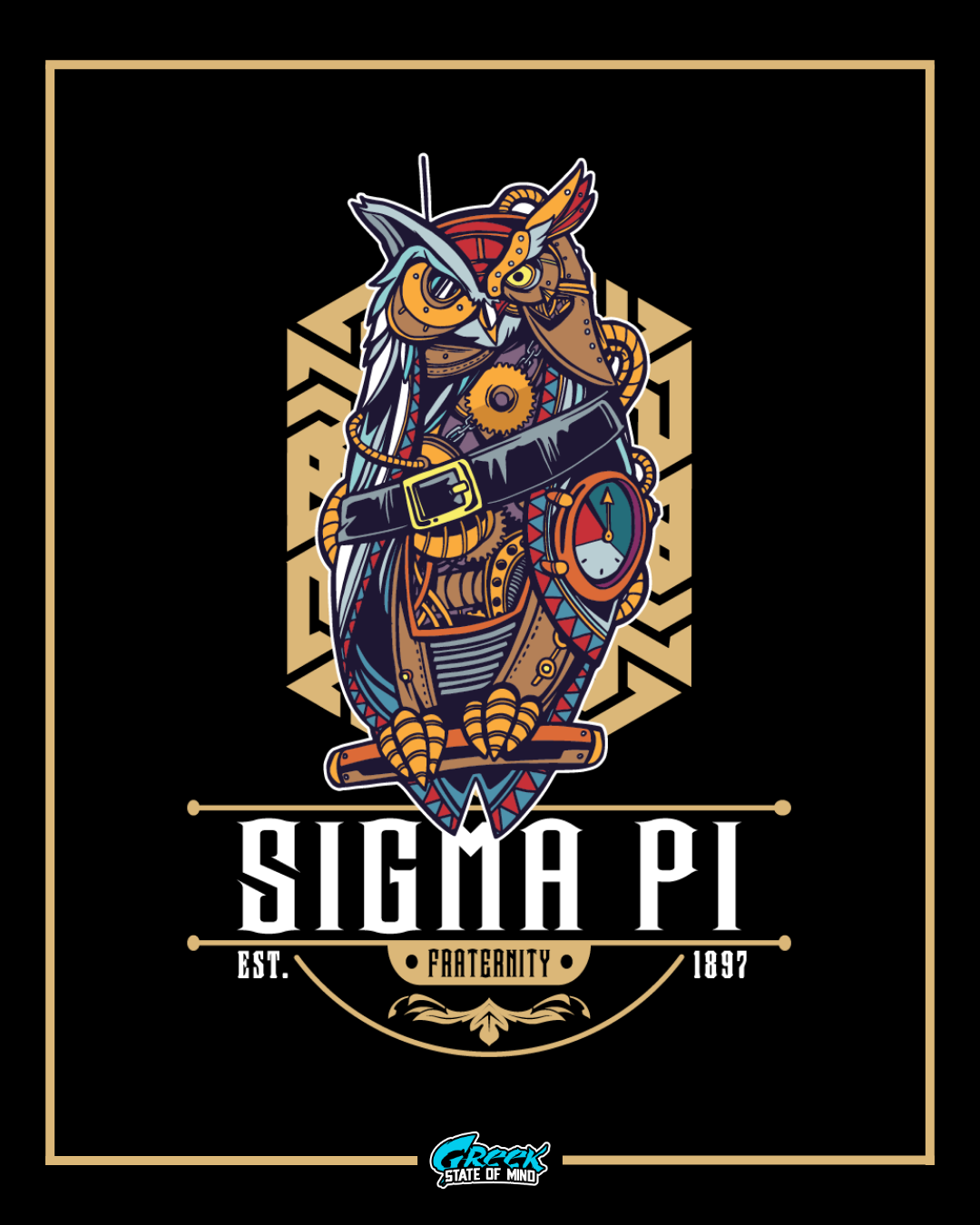 Colorful owl design with 'Sigma Pi' fraternity text on a black background