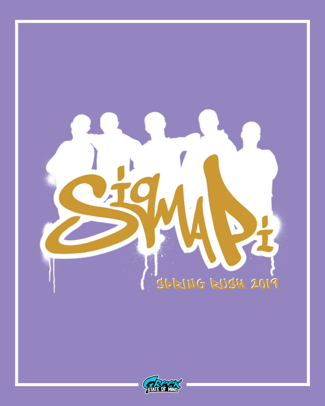 sigma pi graffiti style rush design with white silhouette figures in the background and bold spray paint lettering on a purple backdrop