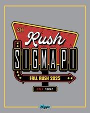 sigma pi rush design featuring a retro marquee sign with bold script lettering block text signage elements and an arrow accent on a gray background