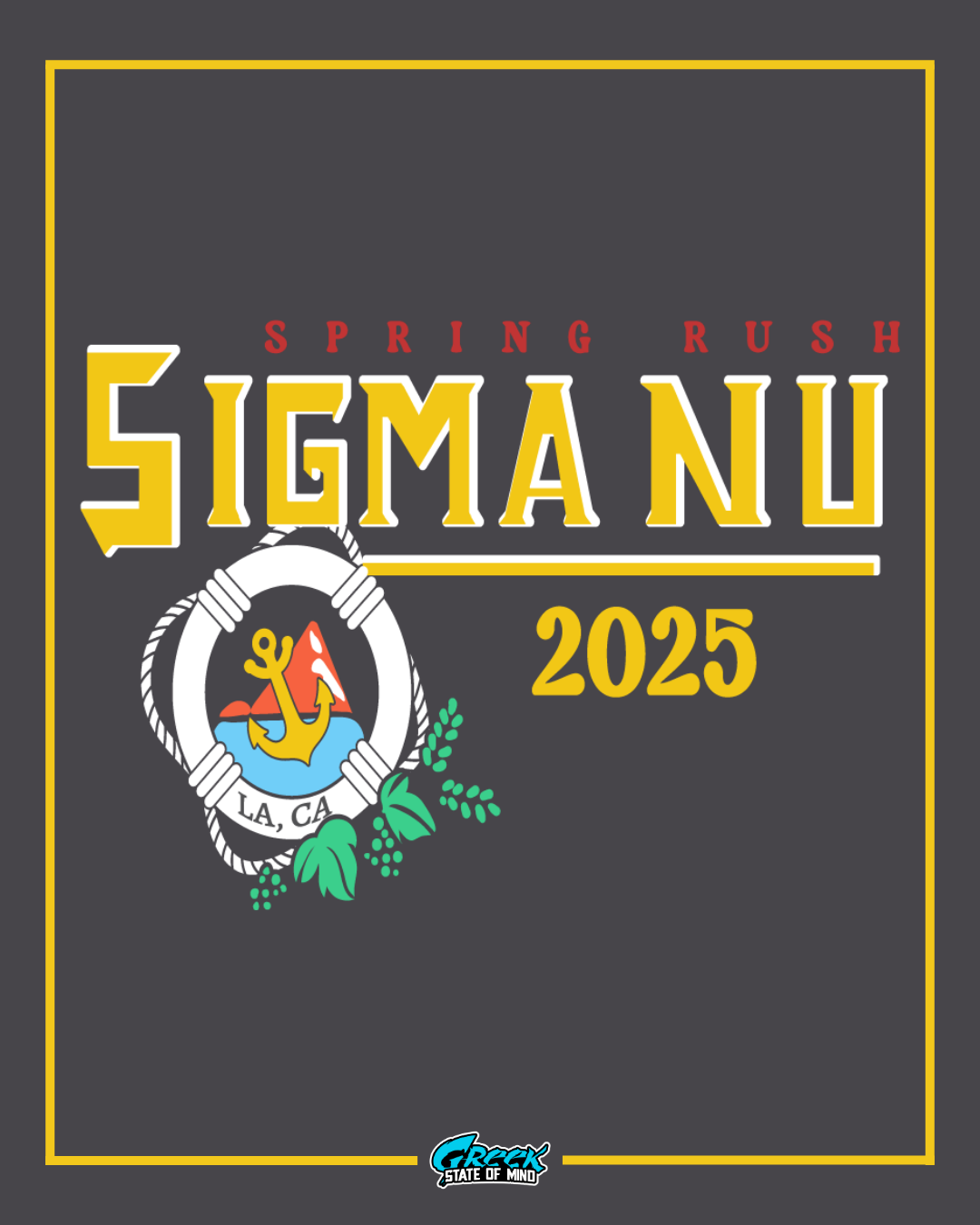 sigma nu rush design featuring a yellow anchor inside a white rope lifesaver ring with greenery accents on a dark background