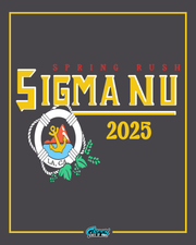 sigma nu rush design featuring a yellow anchor inside a white rope lifesaver ring with greenery accents on a dark background