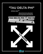 Tau Delta Phi fraternity graphic with arrows and text on a black background