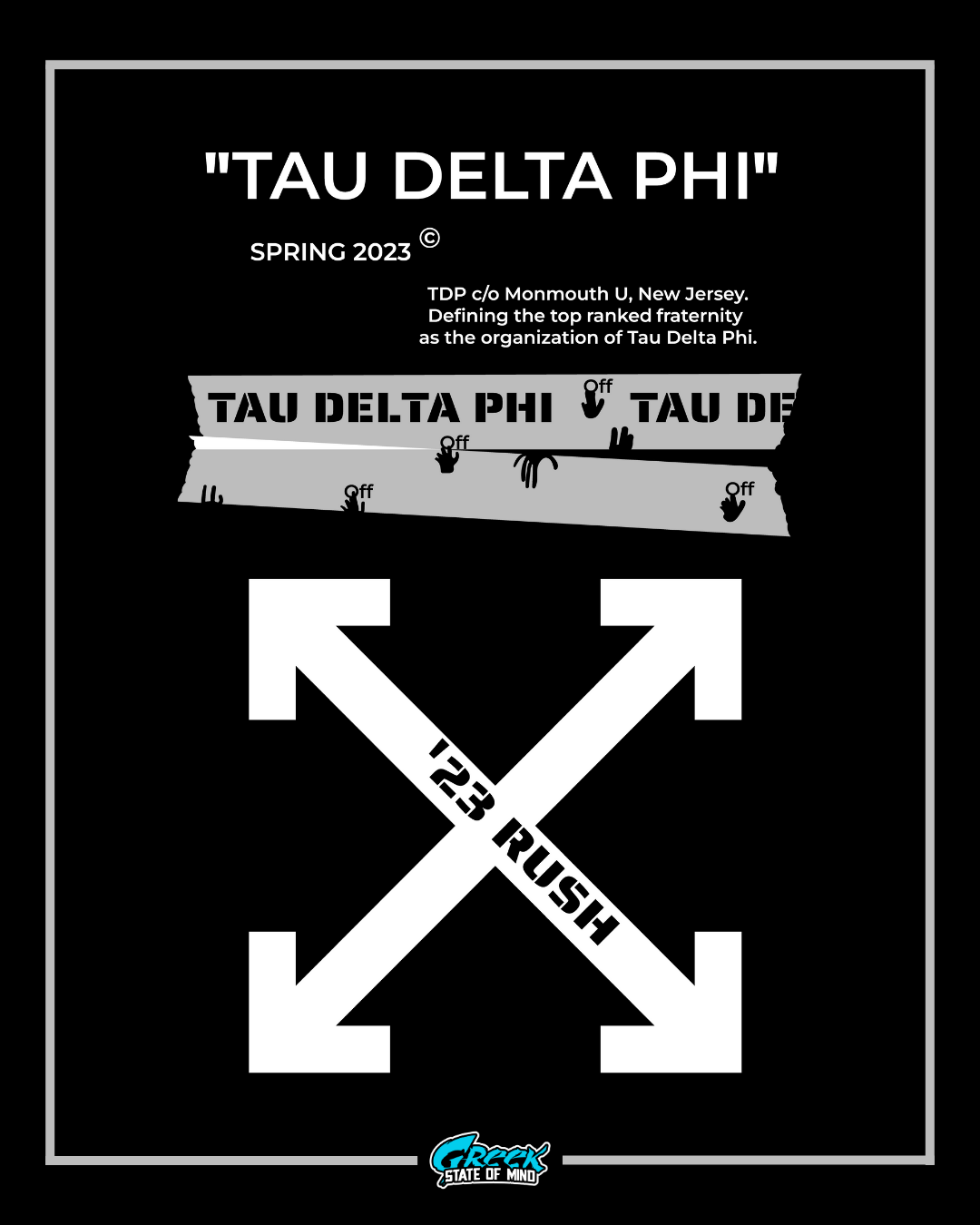 Tau Delta Phi fraternity graphic with arrows and text on a black background