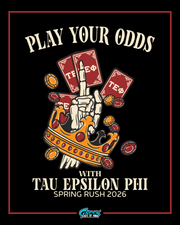 tau epsilon phi casino rush shirt design featuring playing cards poker chips a crowned skeleton hand and bold vintage typography on a black background
