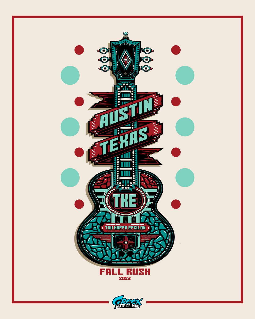 tau kappa epsilon rush shirt design featuring an illustrated guitar with austin texas typography and bold geometric detailing