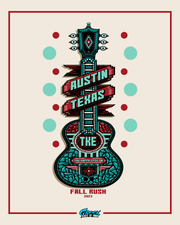 tau kappa epsilon rush shirt design featuring an illustrated guitar with austin texas typography and bold geometric detailing