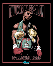 tau kappa epsilon boxing design featuring a champion boxer with title belts in a gritty illustrated style for a rush event