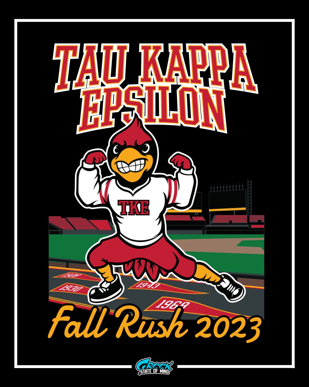 Tau Kappa Epsilon fall rush 2023 poster with mascot and text on a black background