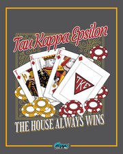 Tau Kappa Epsilon fraternity card game design with playing cards and chips on a dark background.