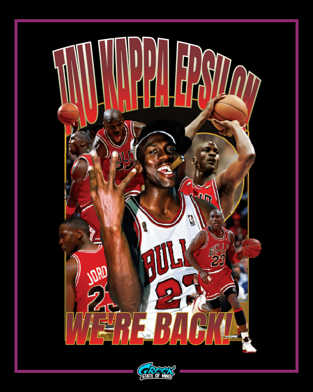 Collage of basketball players with text 'TUU KAPPA EPSILON' and 'WE'RE BACK!' on a dark background.