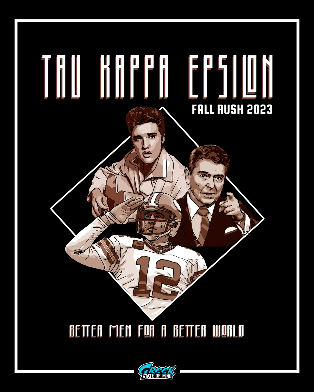 three illustrated celebrity figures including a singer, a president, and a football player in number 12 jersey framed under tau kappa epsilon fall rush 2023 text.