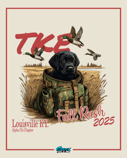 Promotional poster for a fall event featuring a black labrador in hunting gear with ducks and text.