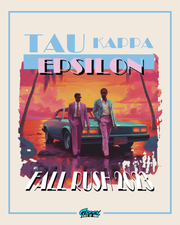 Promotional poster for Tau Kappa Epsilon with two people by a car at sunset.