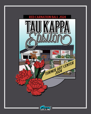 Promotional poster for Tau Kappa Epsilon event at Turner Art Center 2024 with red carnations and building illustration.