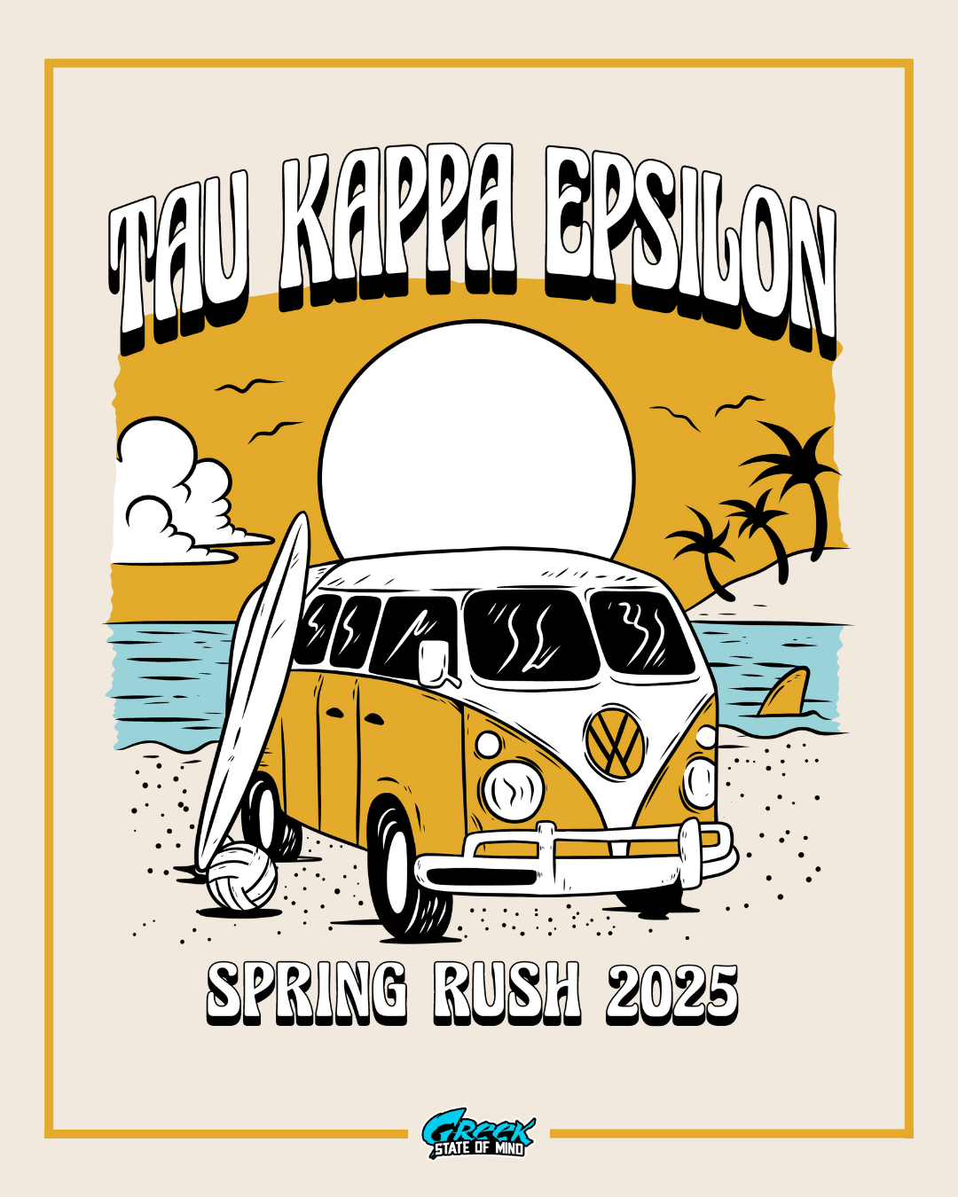 surf van parked on the beach with a board in front and tau kappa epsilon rush text above and below.