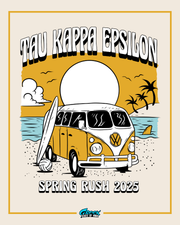 surf van parked on the beach with a board in front and tau kappa epsilon rush text above and below.