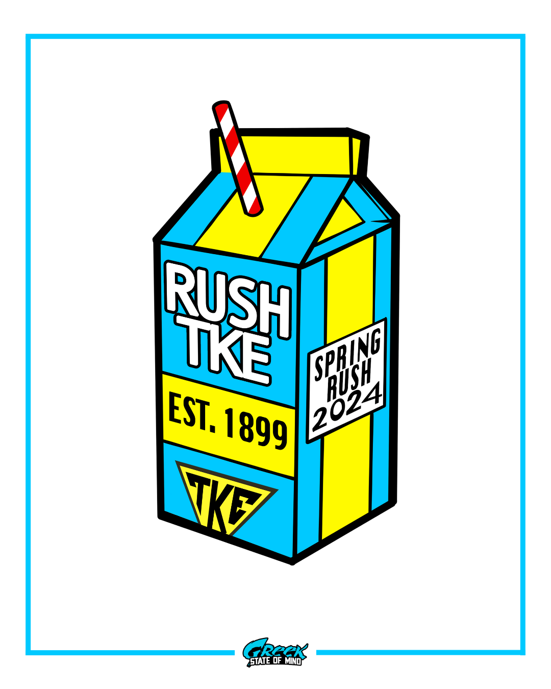 Cartoon milk carton with 'Rush TKE' branding on a white background