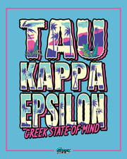 Colorful 'Tau Kappa Epsilon' design with palm trees on a blue background