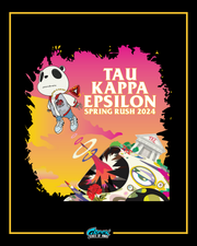 Promotional poster for Tau Kappa Epsilon Spring Rush 2024 with a cartoon character and colorful design.