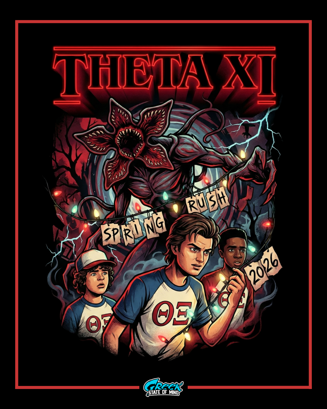 Theta Xi rush poster with characters and text on a dark background