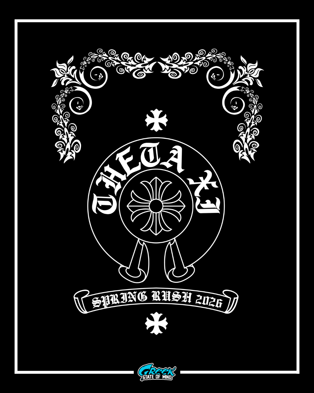 Black and white design with a central emblem and text on a black background
