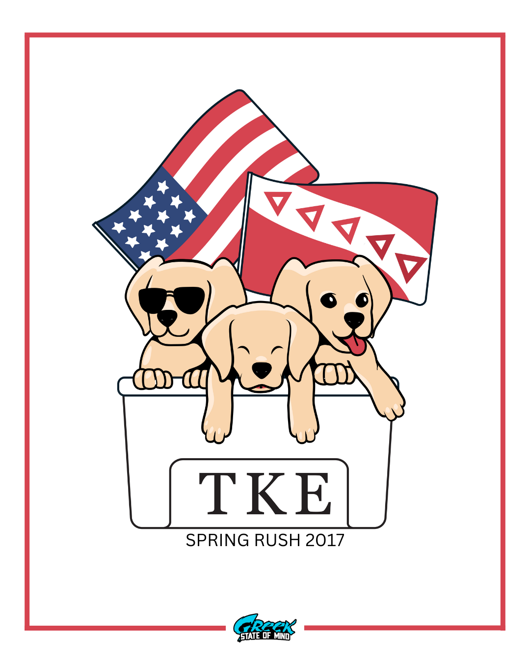tau kappa epsilon rush shirt design featuring three puppies leaning out of a cooler with an american flag and a tke flag in a clean cartoon illustration style