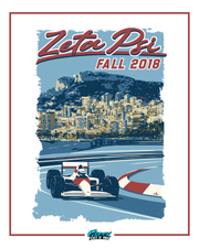 zeta psi racing themed design featuring a formula one car speeding around a coastal track with a stylized city backdrop