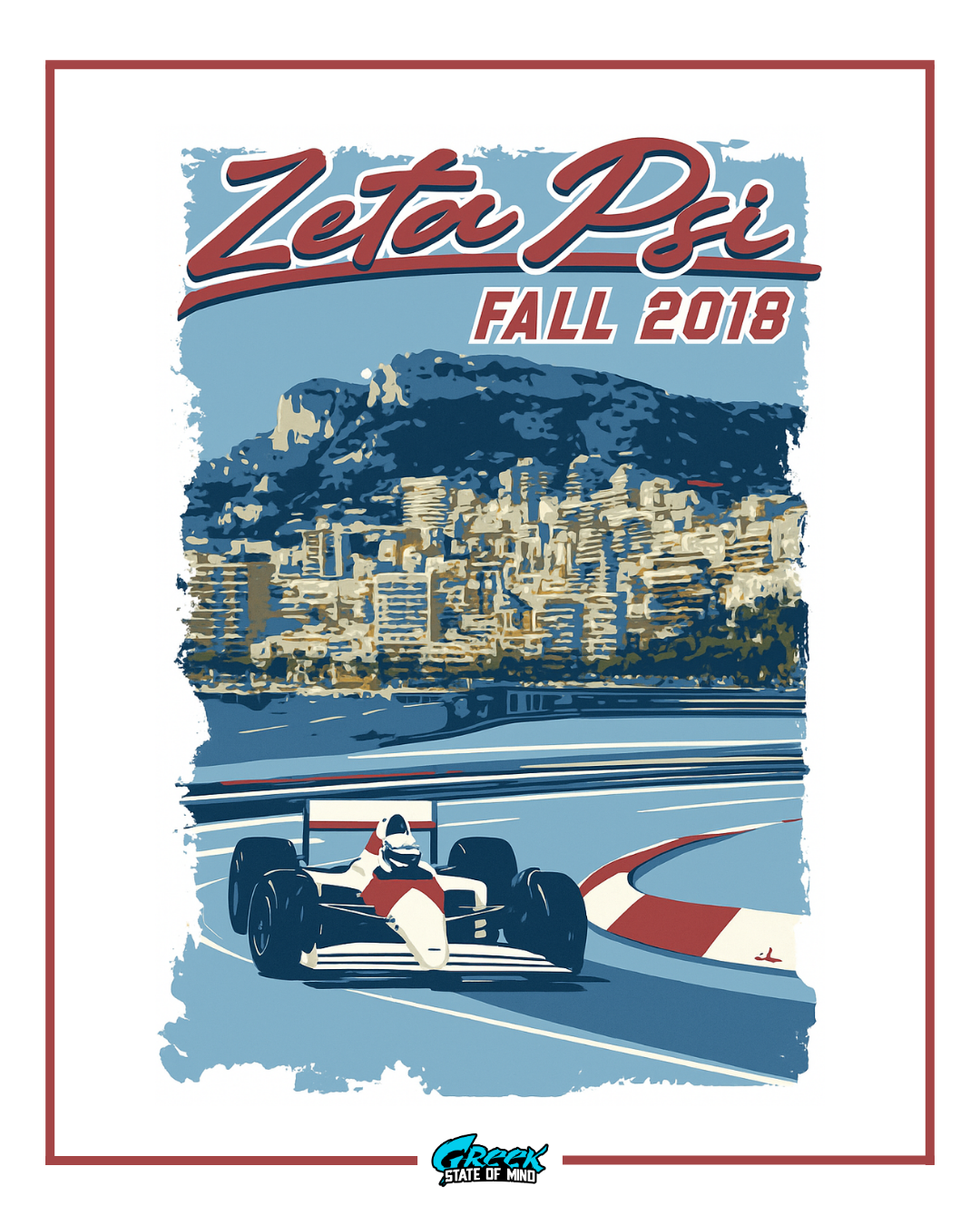 zeta psi racing themed design featuring a formula one car speeding around a coastal track with a stylized city backdrop