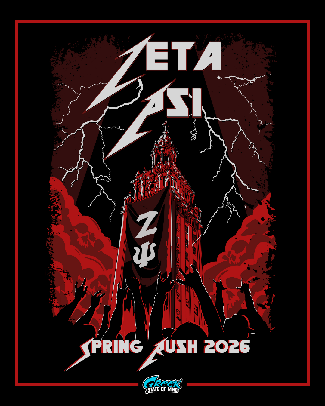 zeta psi rock concert style rush design with lightning striking above a campus tower and silhouettes of hands reaching up in a dramatic red and black illustration