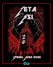zeta psi rock concert style rush design with lightning striking above a campus tower and silhouettes of hands reaching up in a dramatic red and black illustration