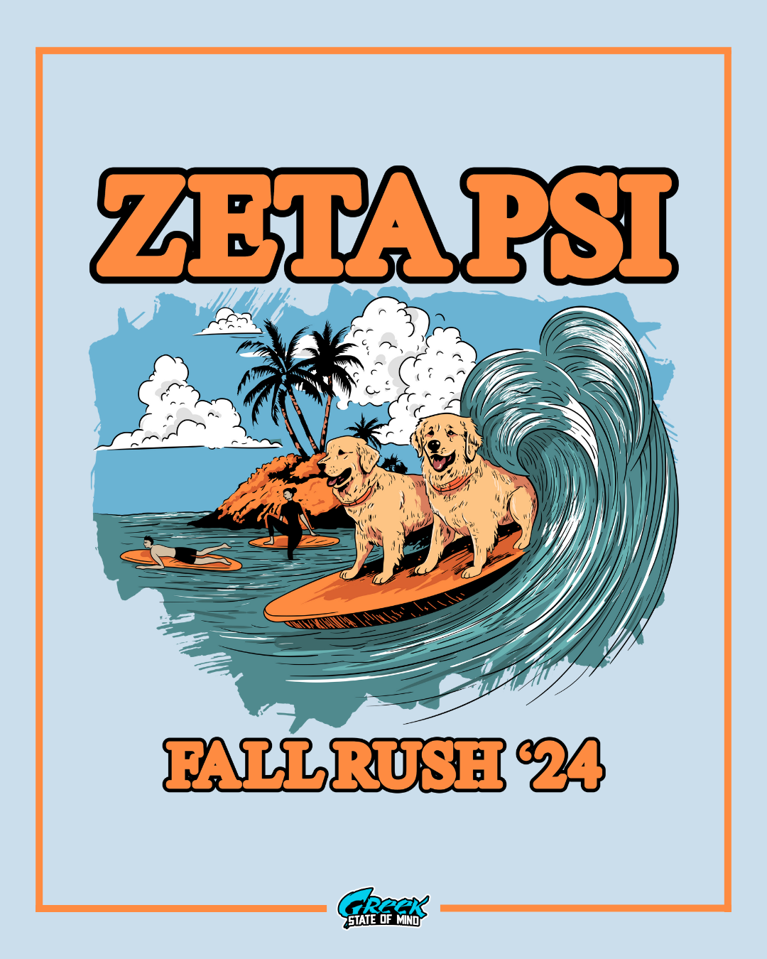 zeta psi beach rush design featuring two dogs surfing on a wave with tropical trees surfers and ocean background in illustrated style