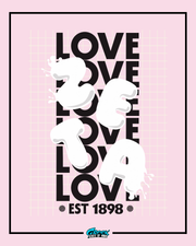 zeta tau alpha love themed design with stacked black love text pink background and large glossy white zta letters over the center