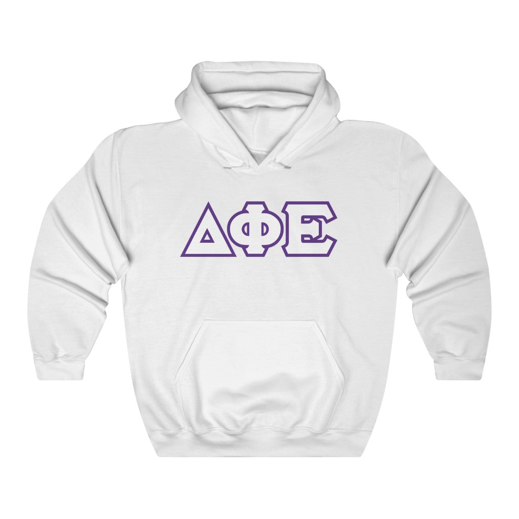 Delta Phi Epsilon Printed Letters | White with Purple Border Hoodie