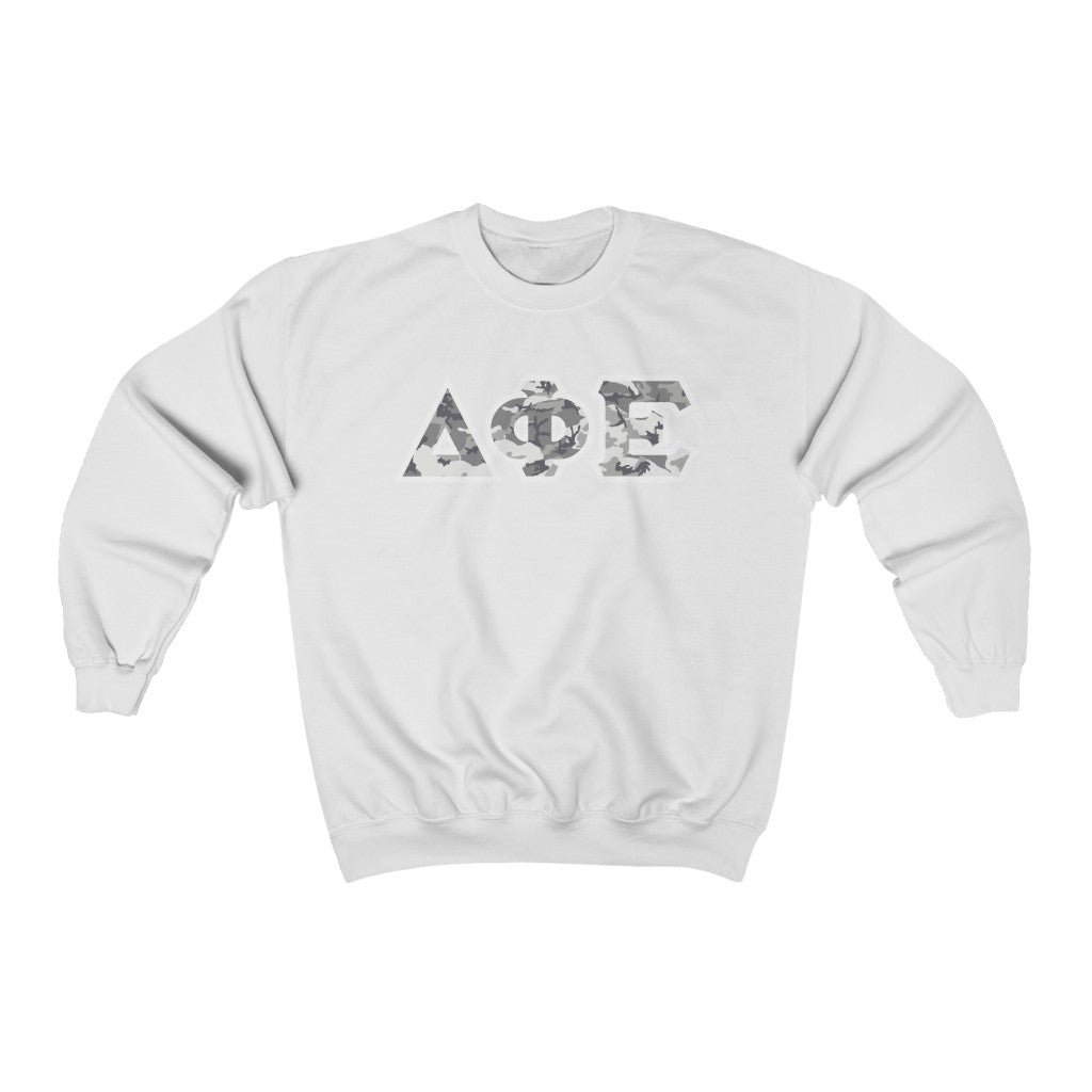Delta Phi Epsilon Printed Letters | Winter Camo Crewneck