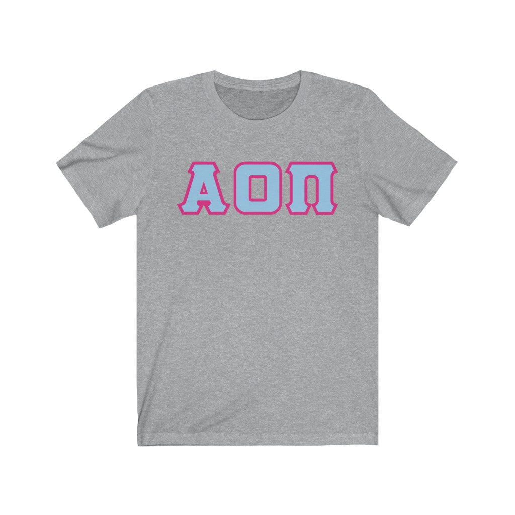 Alpha Omicron Pi Printed Letters | L Blue with Hot Pink Border T-Shirt