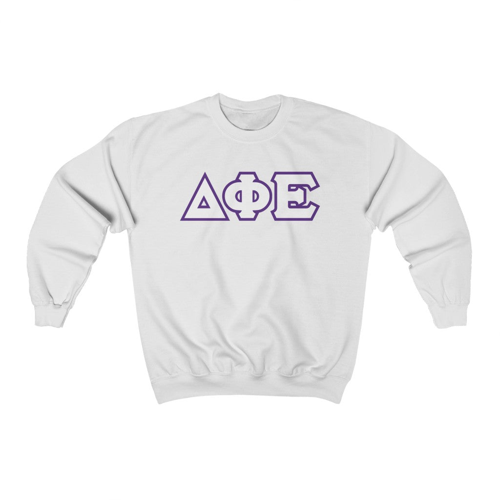 Delta Phi Epsilon Printed Letters | White with Purple Border Crewneck