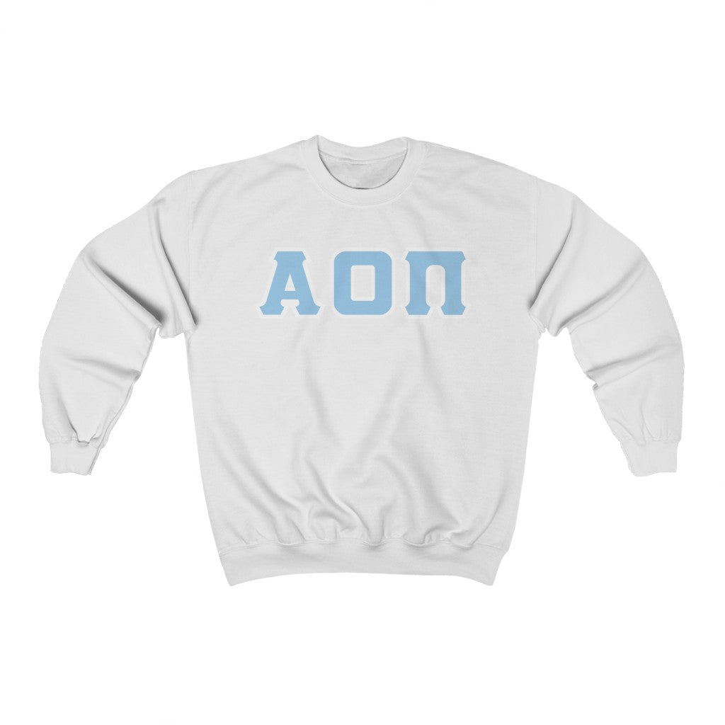 Alpha Omicron Pi Printed Letters | Light Blue & White Border Crewneck