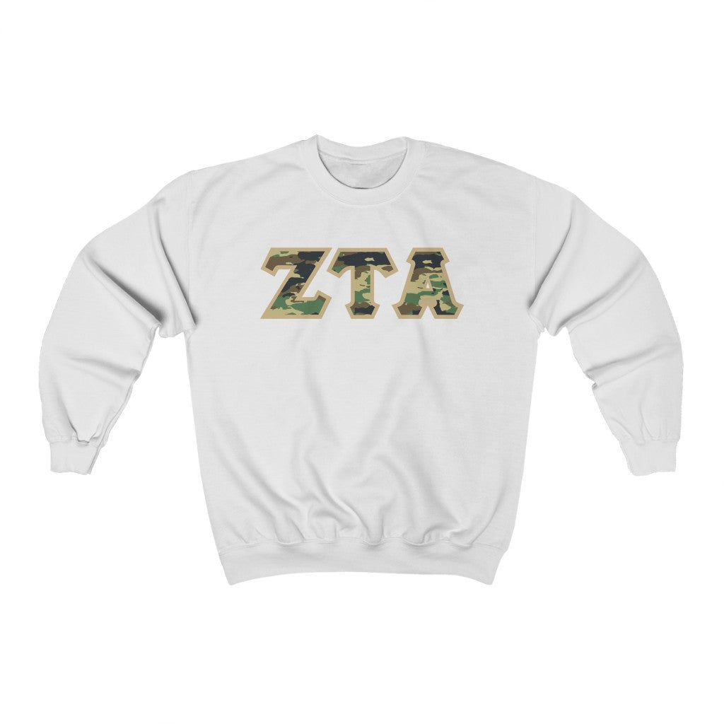Zeta Tau Alpha Printed Letters | Camouflage Crewneck