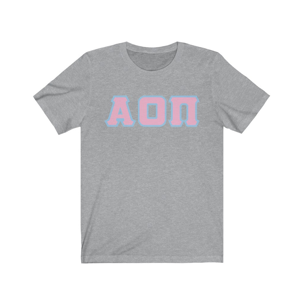 Alpha Omicron Pi Printed Letters | Pink with Light Blue Border T-Shirt