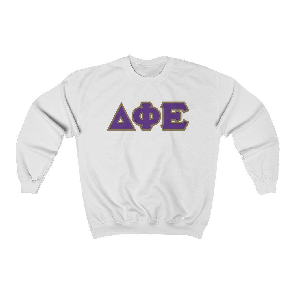 Delta Phi Epsilon Printed Letters | Purple with Gold Border Crewneck