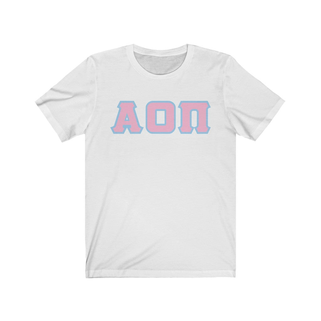 Alpha Omicron Pi Printed Letters | Pink with Light Blue Border T-Shirt