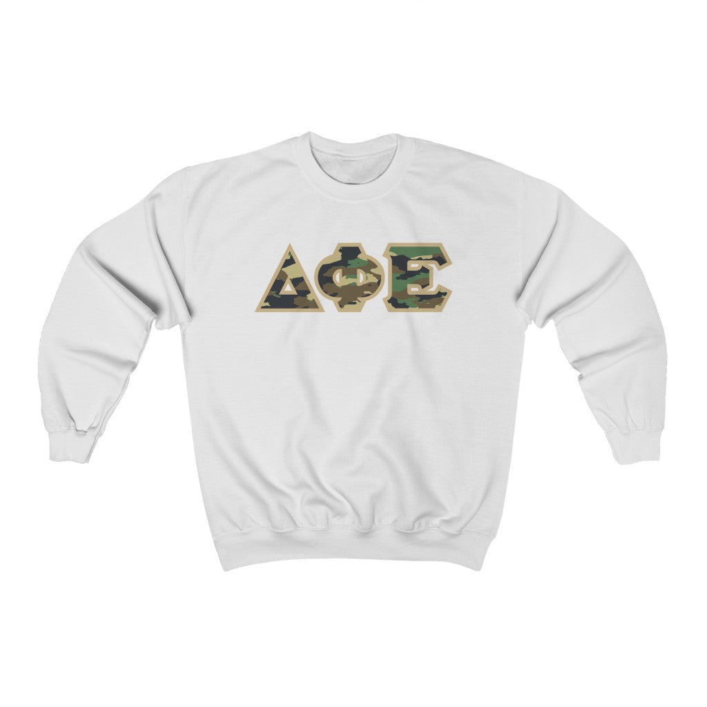 Delta Phi Epsilon Printed Letters | Camouflage Crewneck