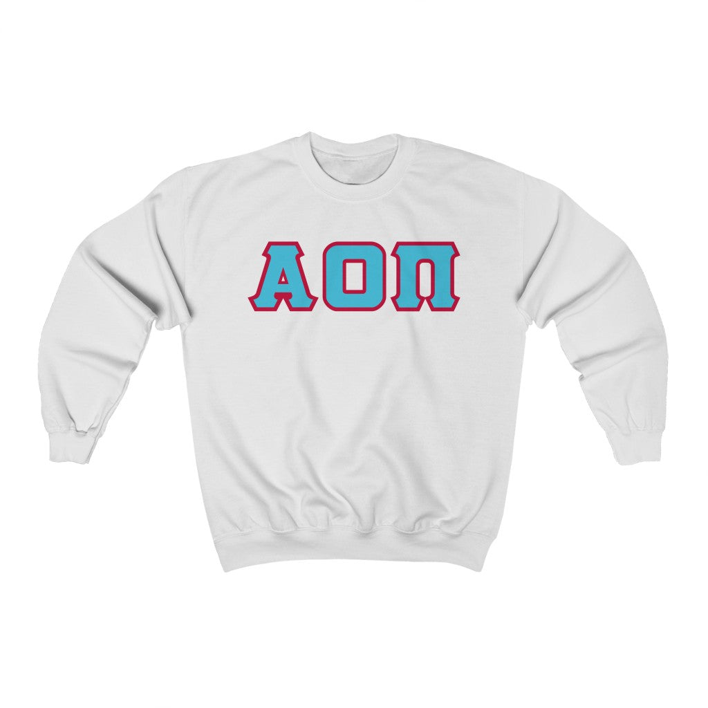 Alpha Omicron Pi Printed Letters | Cyan with Red Border Crewneck