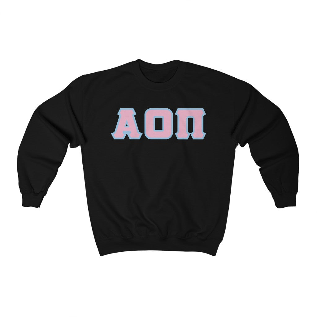 Alpha Omicron Pi Printed Letters | Pink with Light Blue Border Crewneck