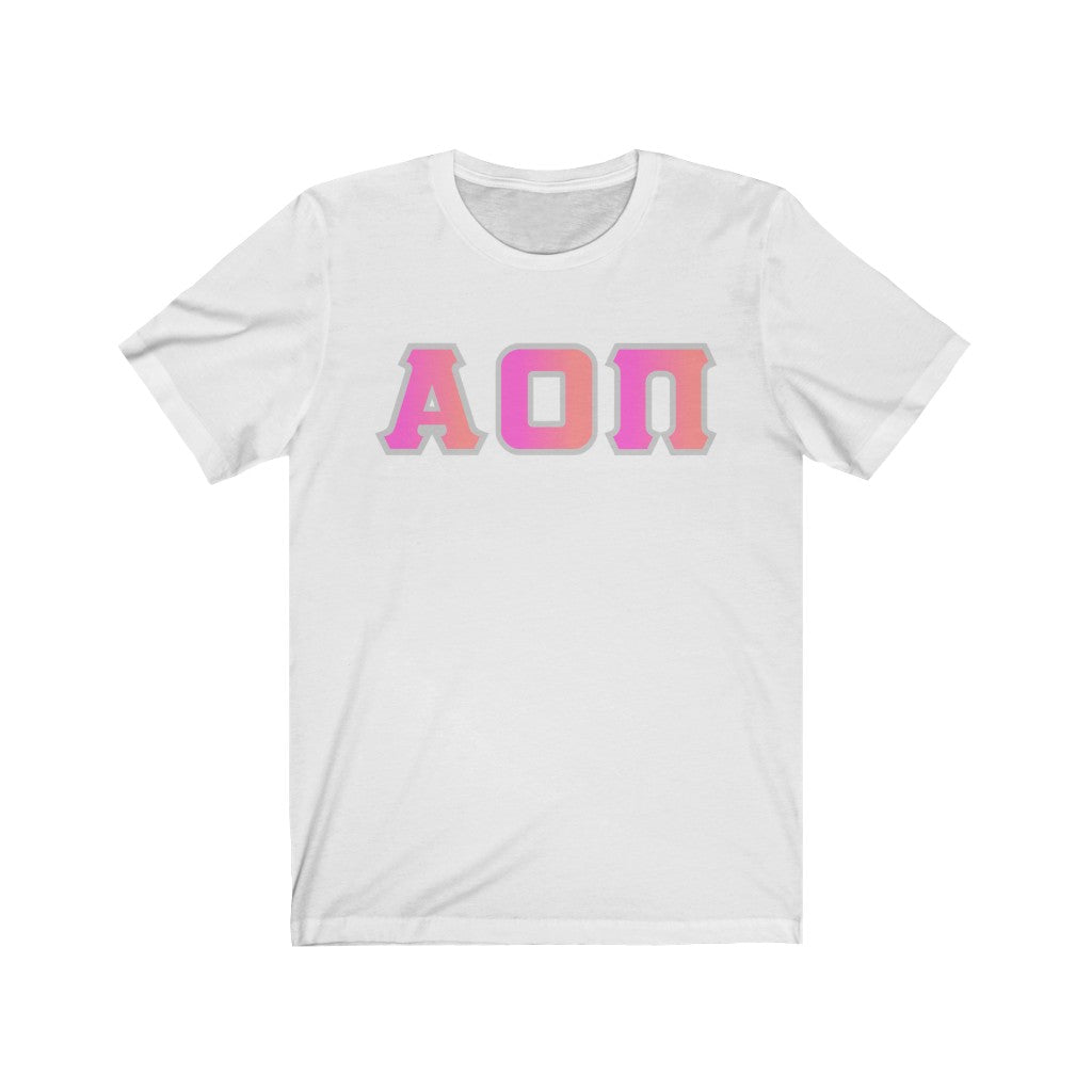 Alpha Omicron Pi Printed Letters | Bubble Gum with Grey Border T-Shirt