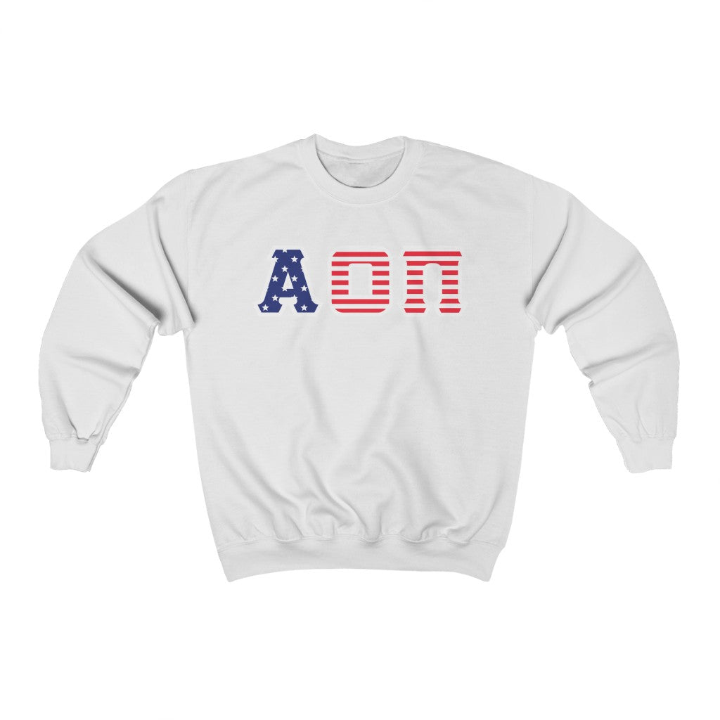 Alpha Omicron Pi Printed Letters | American Flag Pattern Crewneck