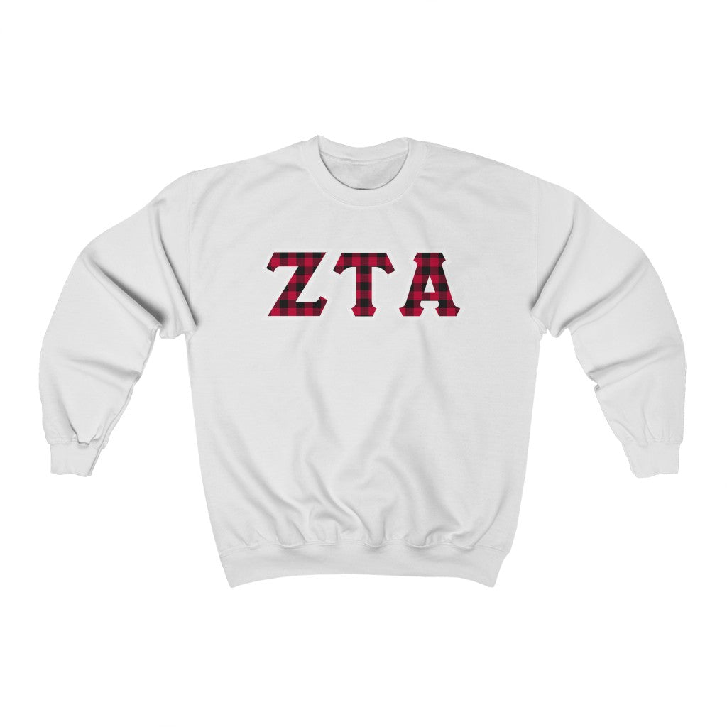 Zeta Tau Alpha Printed Letters | Buffalo Plaid Crewneck