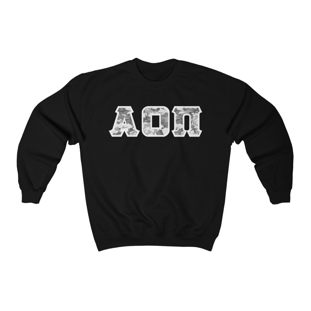 Alpha Omicron Pi Printed Letters | Winter Camo Crewneck