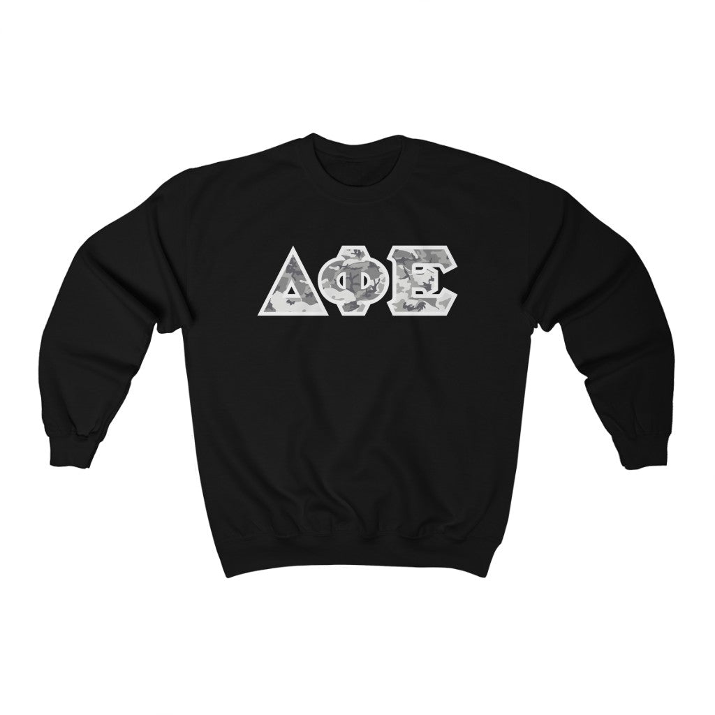 Delta Phi Epsilon Printed Letters | Winter Camo Crewneck